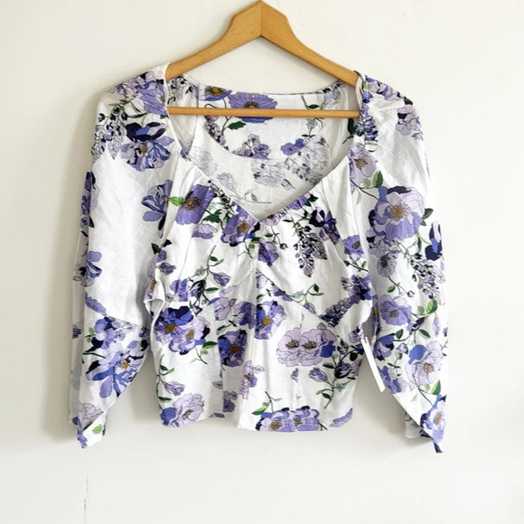 Anthropologie white/purple floral long sleeve ruched knit boho top sz small NWT - Picture 4 of 11